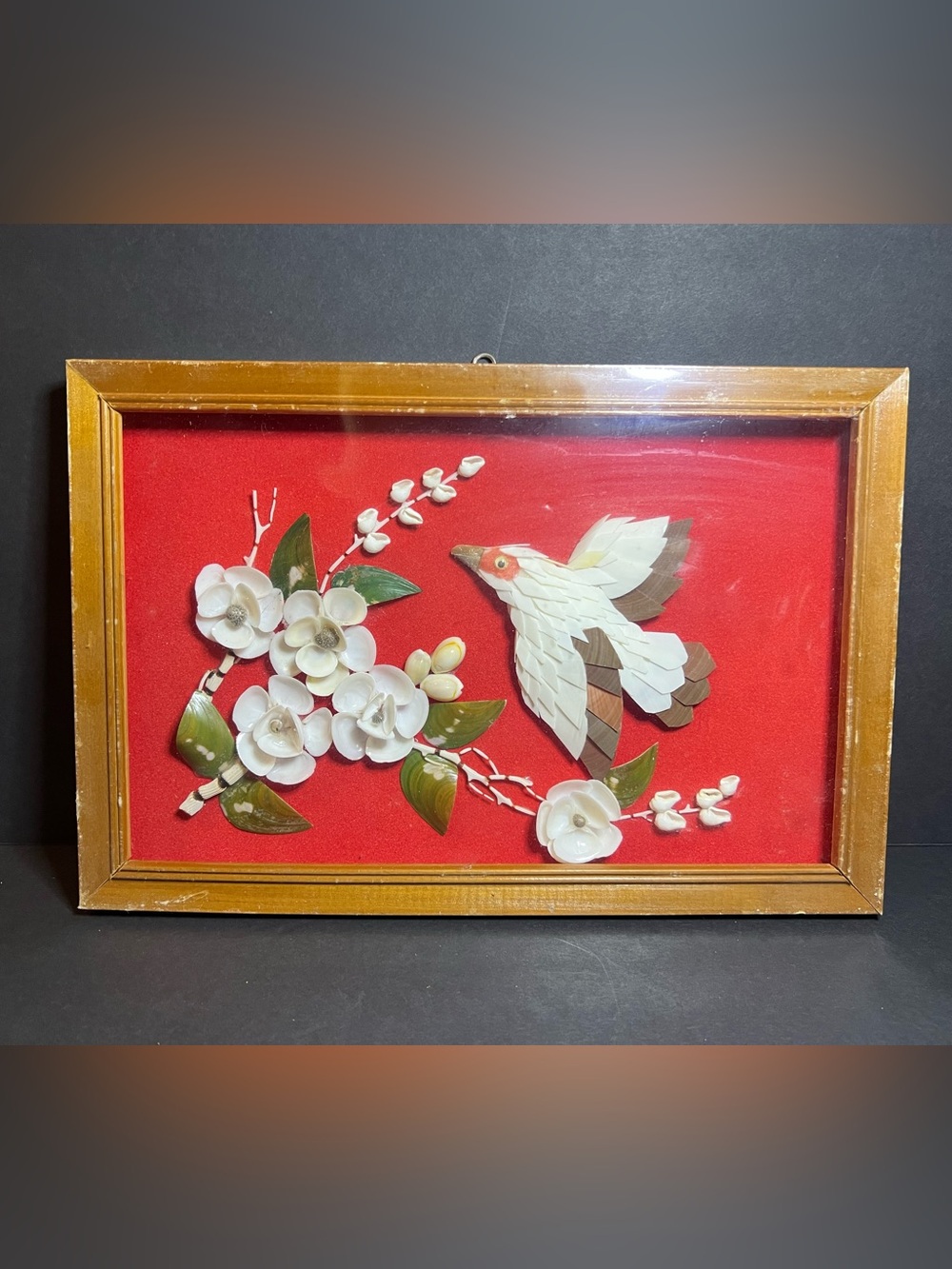 VTG 3D Seashell Flying Bird & Flowers Red Velvet Wood Framed Shadow Box 8 x 12"